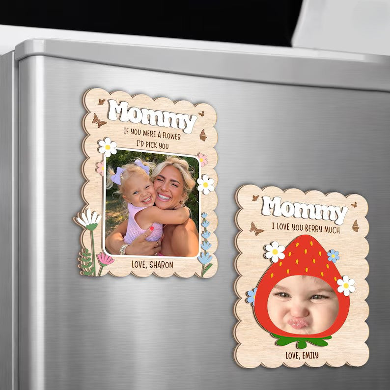 Personalized Wooden Strawberry Photo Magnet, Mom Photo Magnet Frame
