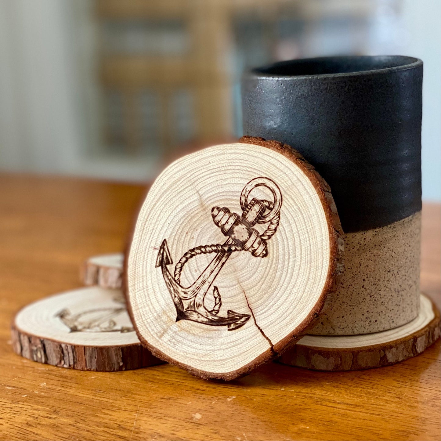 Anchor Engraved Wood Coaster Set - Perfect Gift for Wedding, Engagement, Anniversary, or Christmas