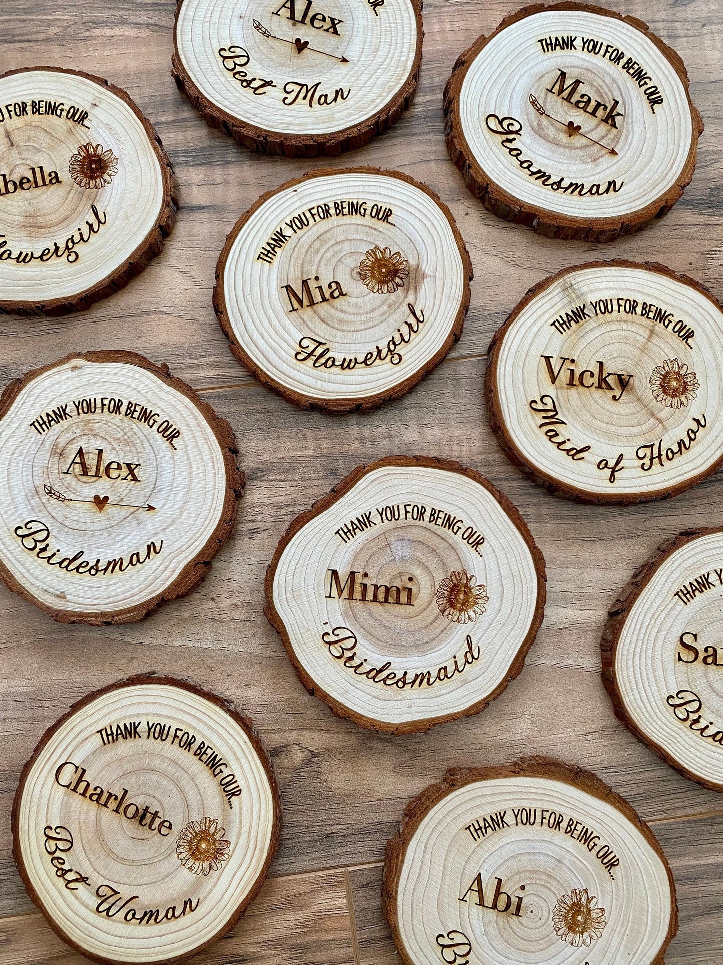 Wood Slice Wedding Party Gifts - Laser Engraved with Name, Role, and Design Accents - Rustic Wood Slice Bridesmaid Gift