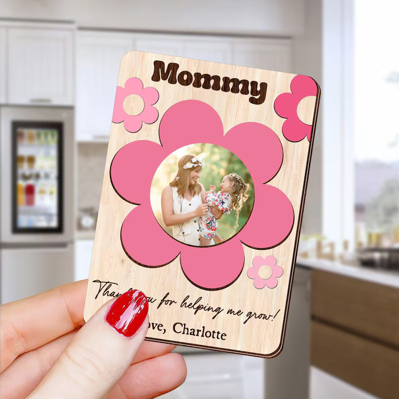 Personalized Mother Photo Magnet: Flower Wood Picture Frame, Mother Day Gift