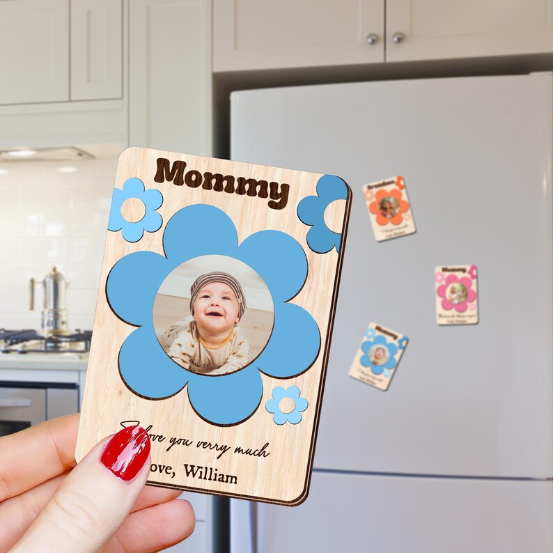 Personalized Mother Photo Magnet: Flower Wood Picture Frame, Mother Day Gift