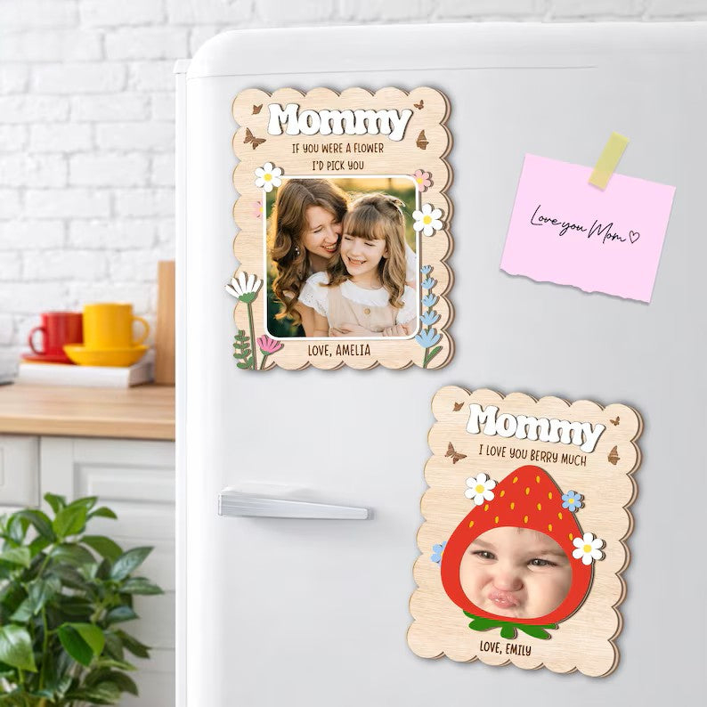 Personalized Wooden Strawberry Photo Magnet, Mom Photo Magnet Frame