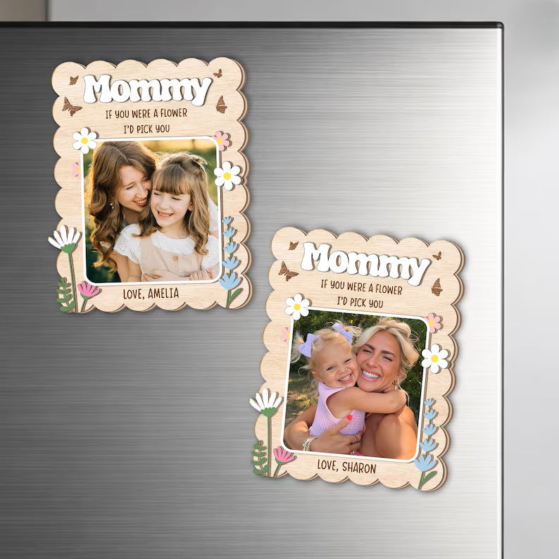 Personalized Wooden Strawberry Photo Magnet, Mom Photo Magnet Frame