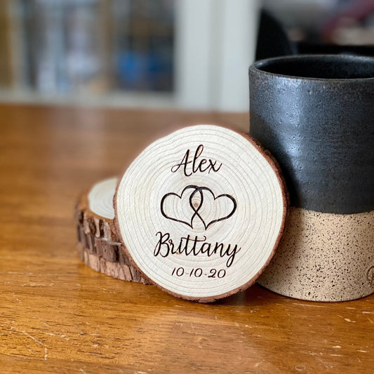 Custom Wood Slice Wedding Favors - Laser Engraved with Names, Heart Design, and Date
