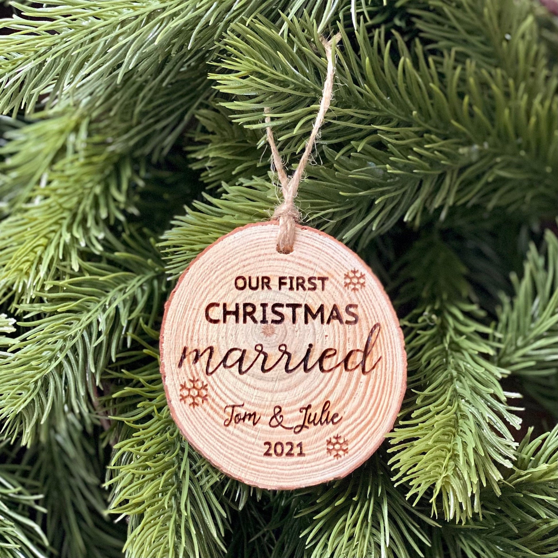 First Christmas Married Christmas Ornament - Custom Engraved Wood Christmas Ornament - Great Wedding Gift