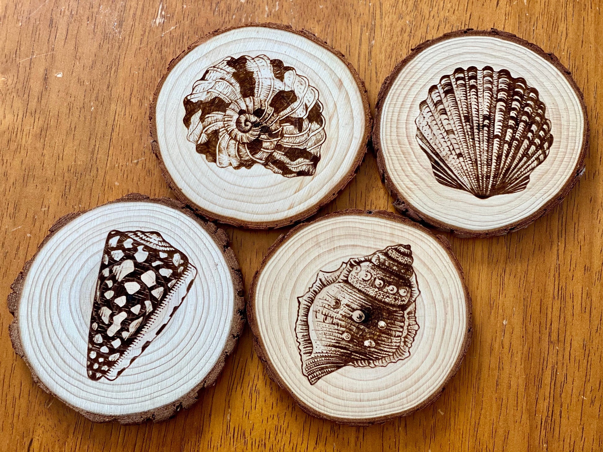 Seashell Engraved Wood Coaster Set - Perfect Gift for Wedding, Engagement, Anniversary, or Christmas