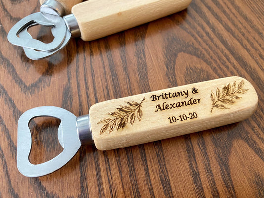 Wood Bottle Opener Wedding Favor - Laser Engraved with Names, Date, and Leaf Design - Stainless Steel and Wood Construction
