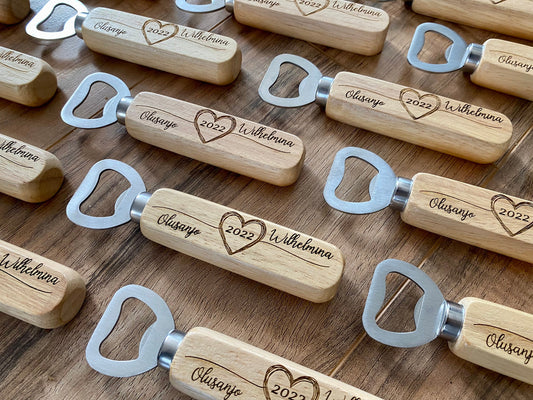 Wood Bottle Opener Wedding Favor - Laser Engraved with Names and Date - Stainless Steel and Wood Construction