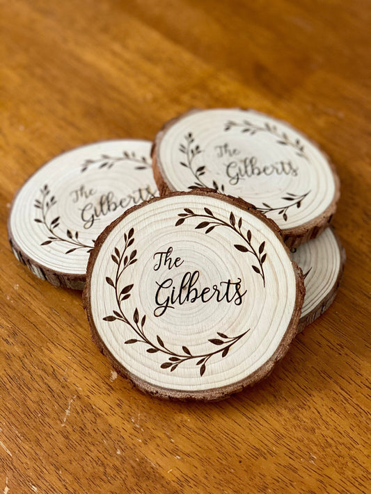 Custom Wood Slice Wedding Favors - Laser Engraved with Custom Message & Leaf Border