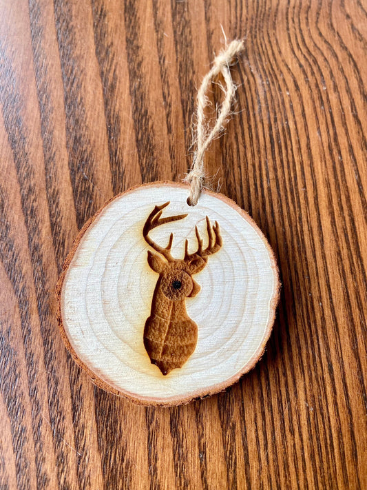 Deer Head Engraved Wood Christmas Ornament - Personalized Engraved Wood Slice Christmas Ornament