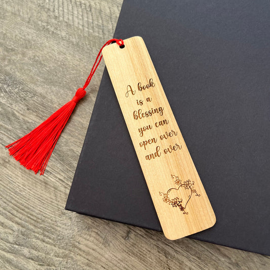 A Book is a Blessing - Engraved Wood Bookmark with Optional Personalization - Custom Gift - Handmade Wood Bookmark